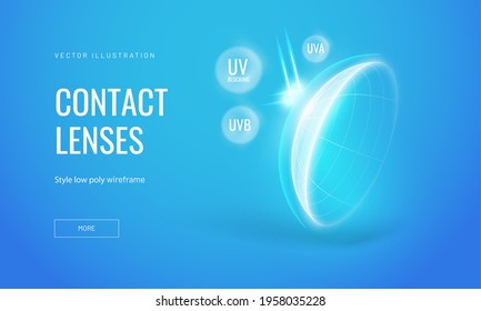 Eye contact lens blocks ultraviolet radiation. The force shield resists external influences. Wireframe lens structure in glowing polygonal style, vector illustration