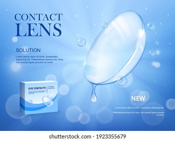 Eye contact lens new medical solution banner. Soft scleral contact lens with falling and dripping water or tear droplets, product packaging box 3d realistic vector. Eyesight treatment product poster