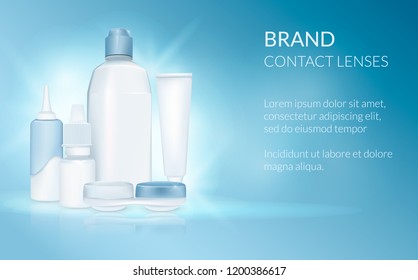 Eye Contact Lens. Realistic Set Of Lenses, Solution, Drops, Case, Bottle. Design Template. Medical And Cosmetic Illustration