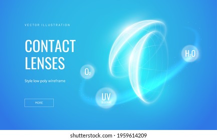 Eye contact lenses in a futuristic wireframe style. Protection of lenses from external influences. The concept of new technologies in the field of optics. Vector illustration.