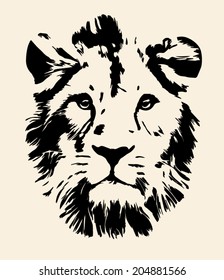 Eye contact with melancholy lion, isolated on sepia background. King of beasts, the biggest and mightiest cat of the world, sad and calm looking straight into the camera. Vector monochrome image.