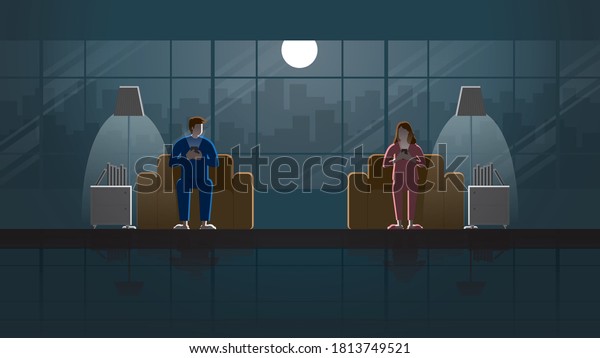 Eye contact scene of divorced couple separate sit\
on sofa and use smart phone in house living room. Husband and wife\
in the dark and light from full moon and lamp. Idea illustration\
concept vector.