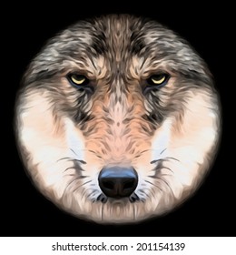 Eye contact with a severe wolf female through the lens. Menacing expression of the european wolf, very beautiful animal and extremely dangerous beast. Amazing vector picture in oil painting style.