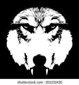 Eye contact with terrible wolf with bare fangs. Menacing expression of the wolf, extremely dangerous beast. Amazing black and white vector image. Horror of the mystic werewolf, lycanthrope, wolfman.