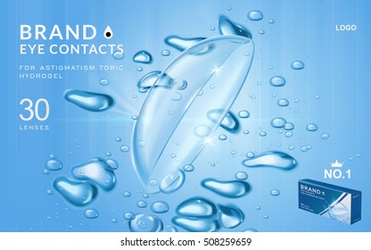 Eye contacts ads template, aqua plus contact lenses with water and air bubbles. Product ads and package design in 3d illustration.