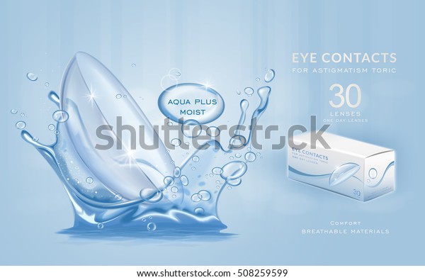 目のコンタクトは テンプレート 水色 および水しぶきを持つコンタクトレンズを広告します 3dイラストでの製品広告とパッケージデザイン のベクター画像素材 ロイヤリティフリー