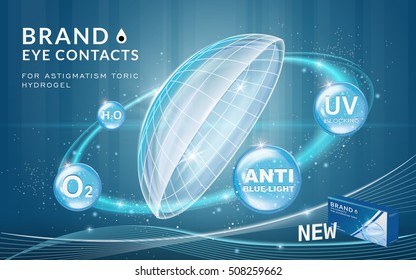 Eye contacts ads template, contact lenses with sparkling ring effects and advantages on blue bubbles. Product ads and package design in 3d illustration.