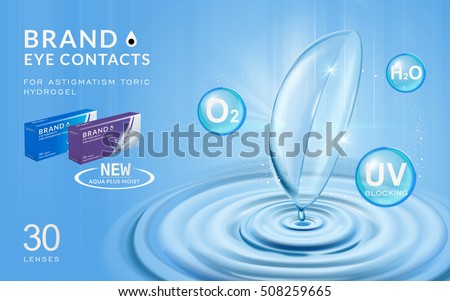 Eye contacts ads template, contact lenses with water ripples and effects on blue bubbles. Product ads and package design in 3d illustration.