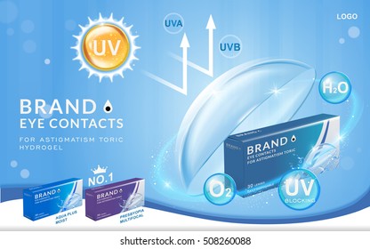 Eye contacts ads template, UV blocking contact lenses. Product ads and package design in 3d illustration.