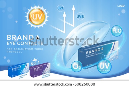 Eye contacts ads template, UV blocking contact lenses. Product ads and package design in 3d illustration.