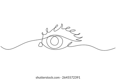 Eye continuous one line drawing. Human eye in simple linear style, Hand drawn human eye with wave lines, Single continuous one line art female watch. Editable outline