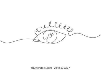 Eye continuous one line drawing. Human eye in simple linear style, Hand drawn human eye with wave lines, Single continuous one line art female watch. Editable outline