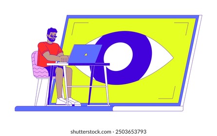 Control ocular en el concepto de ilustración 2D portátil. Hombre negro que interactúa con el cuaderno a través de los movimientos oculares personaje de dibujos animados aislado en blanco. Metáfora de la tecnología de accesibilidad Vector plano abstracto gráfico