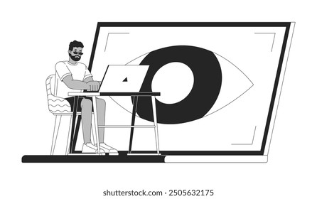 Eye control in laptop black and white 2D illustration concept. Black man interacting with notebook via eye movements outline character isolated. Accessibility technology metaphor monochrome vector art