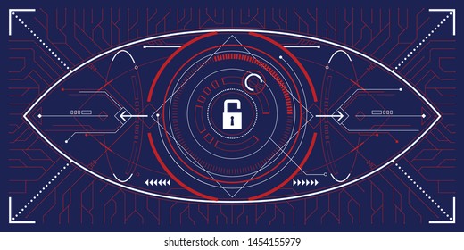 Eye control and security in the accesses.Concept of: dna system, scientific technology and science. unlock and lock smartphone. vector illustration.