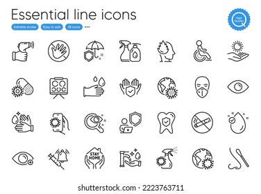 Eye, Coronavirus And Farsightedness Line Icons. Collection Of Sun Protection, Medical Mask, Electronic Thermometer Icons. Shield, Rubber Gloves, Dental Insurance Web Elements. Outline Eye Icon. Vector