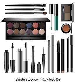 Eye cosmetiks set. Eye make up vector realistic products isolated on white background. Universal templates for branding and advertising. Eyeshadow palette case, mascara, eyeliner, brushes.