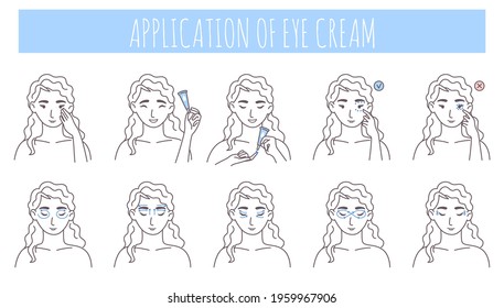 Eye cream application steps, line art style vector illustration. Anti aging, dark circles, face skin care routine, beauty procedure.