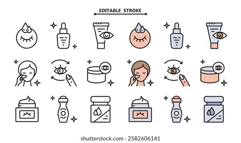 Eye Cream color icons set. Editable stroke. Skin care flat symbols collection. Creative Eye Cream. Vector isolated simple drawing.