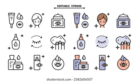 Eye Cream color icons set. Editable stroke. Skin care flat symbols collection. Creative Eye Cream. Vector isolated simple drawing.