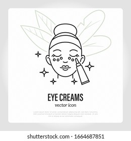 Eye Cream Or Concealer, Applying Under Eye Zone. Thin Line Icon. Skin Care, Anti Aging Treatment. Vector Illustration.