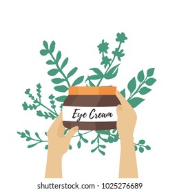 Eye cream; hands holding a  dark glass bottle;cartoon vector illustration on herbal  background. Cosmetic ad mock up template for sale poster design.