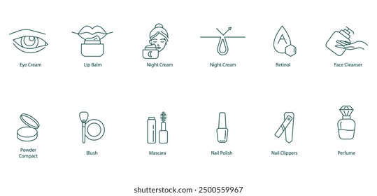 Eye Cream, Lip Balm, Night Cream, Retinol, Face Cleanser, Powder Compact, Blush, Mascara, Nail Polish, Nail Clippers, Perfume Vector Icon Set