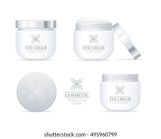 Eye cream professional series. Set of white tubes for cosmetics on white background. Product for body, skin and face care, beauty, health, freshness, youth, hygiene. Realistic vector illustration.