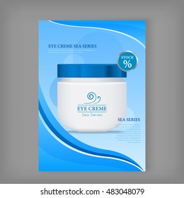 Eye cream sea series. Plastic tube for cosmetics on blue background. Product for body, skin and face care, beauty, health, freshness, youth, hygiene. Realistic vector illustration.