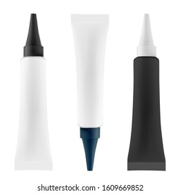 Eye cream tube. Cosmetic serum package. 3d pack mock up. Realistic medical packaging for cosmetology ointment. Hand creme squeeze container with cap. Super glue product set. 3d pack