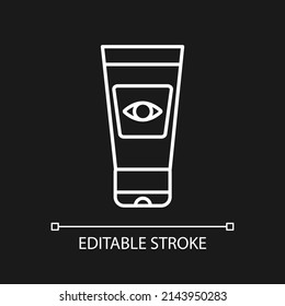 Eye cream white linear icon for dark theme. Skin care and beauty product. Moisturizing cream. Thin line illustration. Isolated symbol for night mode. Editable stroke. Arial font used