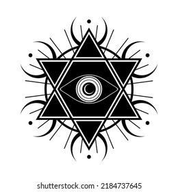 Eye with crescent moon in star six pointed witch magic tattoo black icon flat vector design.