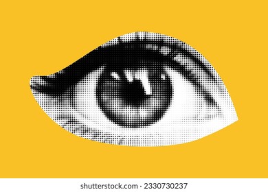 An eye cut out as if from a magazine. Isolated as png.. Vector halftone elements for collage on yellow background