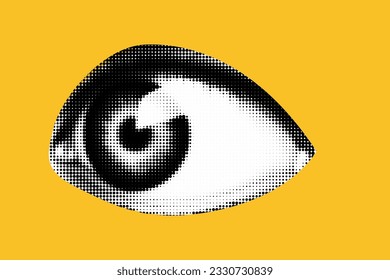 An eye cut out as if from a magazine. Isolated as png.. Vector halftone elements for collage on yellow background