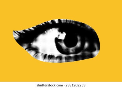 An eye cut out as if from a magazine. Isolated as png.. Vector halftone elements for collage on yellow background