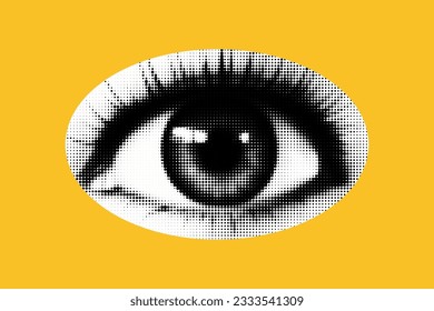 Un ojo cortado como de una revista. Aislado como png. Elementos de semitono vectorial para el collage sobre fondo amarillo