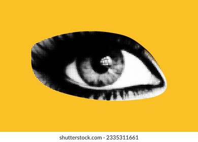 Un ojo cortado como de una revista. Aislado como png. Elementos de semitono vectorial para el collage sobre fondo amarillo