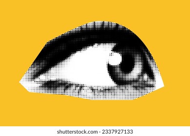 An eye cut out as if from a magazine. Isolated as png.. Vector halftone elements for collage on yellow background