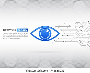 Eye cyber security concept. Network data protection background.  Abstract high tech circuit board. Search and analysis of information.