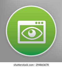 Eye design icon on green button, clean vector
