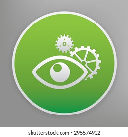 Eye design icon on green button, clean vector