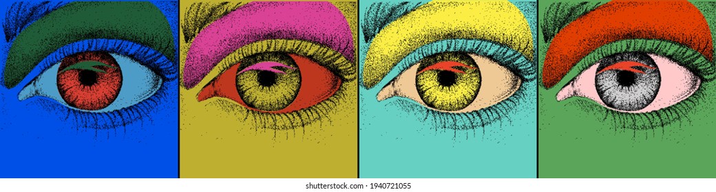 Diseño ocular. Arte pop con coloridas imágenes de los ojos. Ilustración vectorial