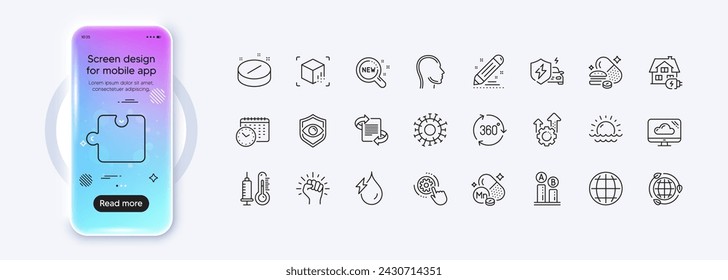 Eye detect, Hydroelectricity and Coronavirus line icons for web app. Phone mockup gradient screen. Pack of Seo gear, Overeating pills, Puzzle pictogram icons. Home charging, Head, Globe signs. Vector