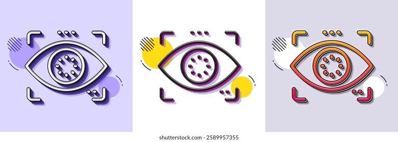 Eye detect line icon. Halftone dotted pattern. Gradient icon with grain shadow. Retina scan sign. Biometric data symbol. Line eye detect icon. Various designs. Vector