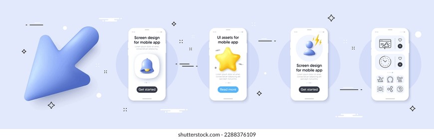 Paquete de iconos de la línea de detección ocular, sin audición y de la línea de marketing Seo. Modelación de la pantalla del teléfono con el cursor 3d. Alerta, estrella y marcador de posición. Fórmula química, Yoga, ícono web de gráfico de pirámide. Vector