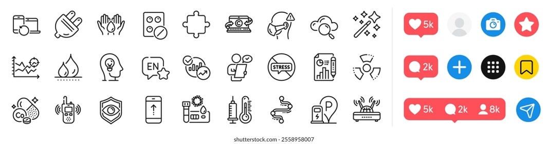 Eye detect, Transmitter and Magic wand line icons pack. Social media icons. Wifi, Electric plug, Seo analysis web icon. Charging station, Copywriting notebook, Covid test pictogram. Vector