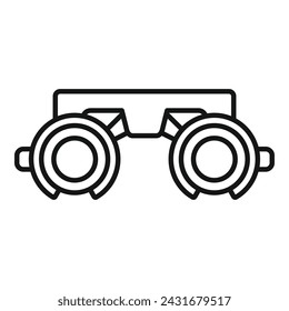 Vector de contorno de icono de examen de dispositivo ocular. Paciente de inspección. Comprobación de prueba de máquina