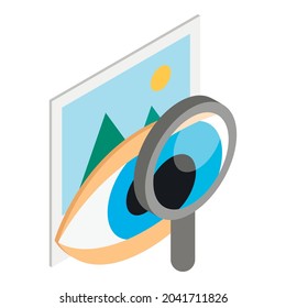 Eye diagnostic icon isometric vector. Open human eye, magnifier and picture icon. Vision test, ophthalmology concept