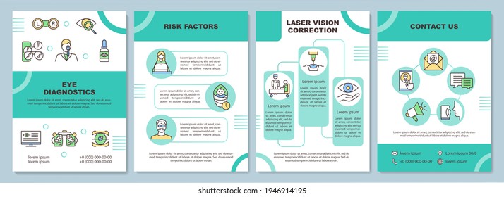 Eye diagnostics brochure template. Healthcare and treatment. Flyer, booklet, leaflet print, cover design with linear icons. Vector layouts for magazines, annual reports, advertising posters