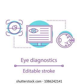 Eye diagnostics concept icon. Ophthalmology idea thin line illustration. Vision treatment. Retina scan. Vector isolated outline drawing. Editable stroke